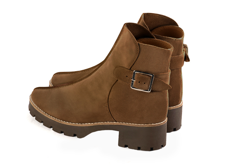 Caramel brown women's ankle boots with buckles at the back. Round toe. Low rubber soles. Rear view - Florence KOOIJMAN